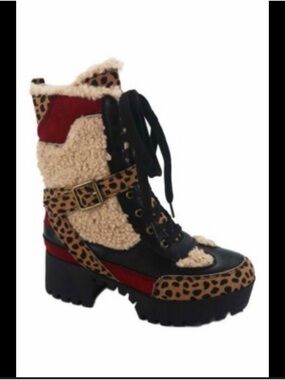 BAMBOO Leopard-Trim Lace-Up Sherpa Combat Boot in Black and Red